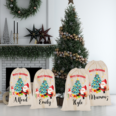 Personalised Christmas Santa Sack – Santa & Tree Design – Name & Initial - Xmas Gift Bag – 4 Sizes - Hoolaroo