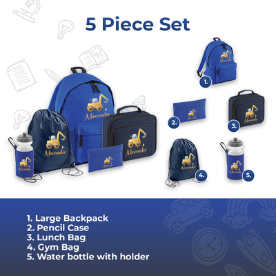 Personalised Boys Tractor Digger Back To School Set with Custom Name BackPack, Water Bottle, PE, Lunch Bag and Pencil Case Toddler Nursery - Hoolaroo