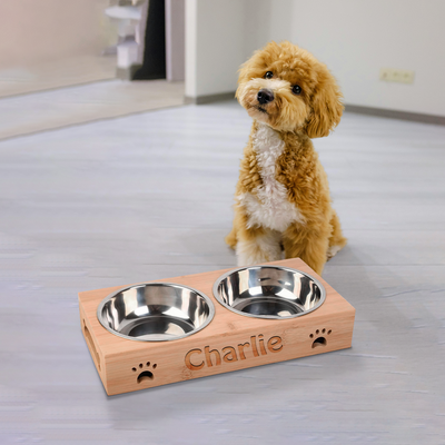 Personalised Dog Bowls - Large Engraved Feeding Station - Bamboo Double Stainless Steel - Suitable for Large, Medium, Small Dogs - Hoolaroo