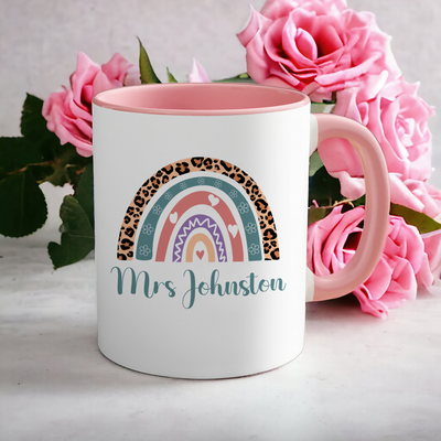 Personalised Teacher Mug – Rainbow Design Customised Name – Unique End of Term Teacher Gift from Pupil – Thank You Tutor Present for Year Leaving Teacher Assistant