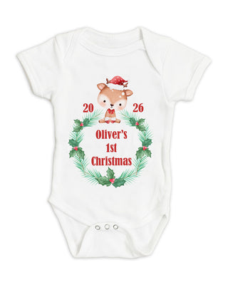 Personalised Baby's 1st Christmas Outfit - Santa's Reindeer Bodysuit Cotton BabyGrow Vest Girl Boy Unisex Gift Name