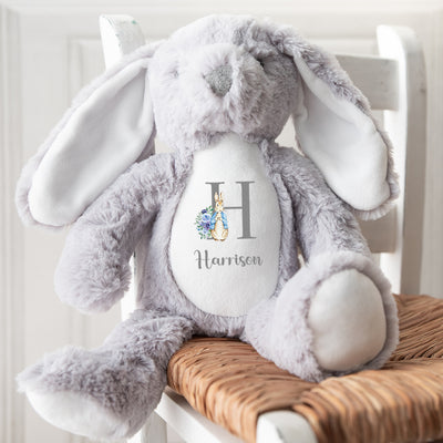 Personalised Bunny Rabbit Letter Name Baby Grey Gift For Newborn Boy Teddy Bear 23cm New Baby Present Easter - Hoolaroo