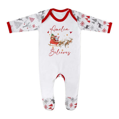 Personalised Christmas Baby Pyjamas & Toddler Xmas Sleepsuit - Babies PJs with Believes Santa Sleigh Design - Perfect for Newborn 1st Christmas - Hoolaroo