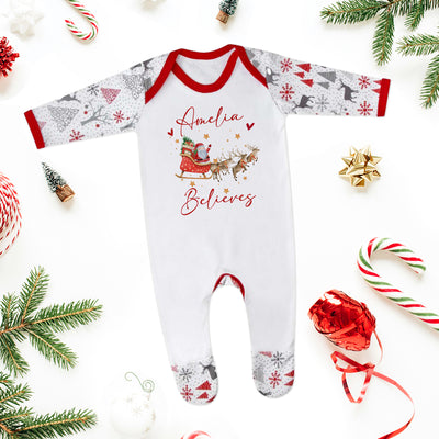 Personalised Christmas Baby Pyjamas & Toddler Xmas Sleepsuit - Babies PJs with Believes Santa Sleigh Design - Perfect for Newborn 1st Christmas - Hoolaroo