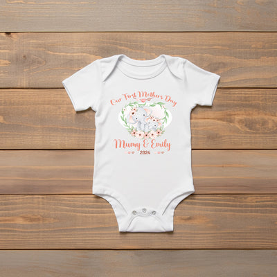 Personalised BabyGrow 1st Mothers Day Together Baby Elephants + Mummy Design Newborn, 0-12 Months Vest - Hoolaroo