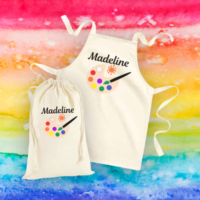 Personalised Painting Apron And Bag Set School Kids With Name Boy or Girl Age 3-10 - Hoolaroo