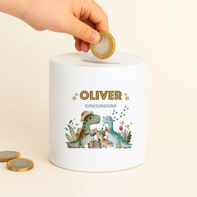 Personalised Money Bank Boys Dinosaur, Kids Money Box Customised Gift Baby Child Birthday