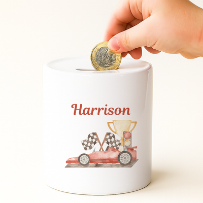Personalised Money Bank Boys Racing Car, Kids Money Box Customised Gift Baby Child