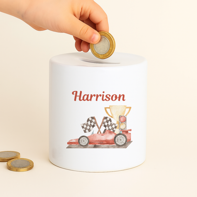 Personalised Money Bank Boys Racing Car, Kids Money Box Customised Gift Baby Child