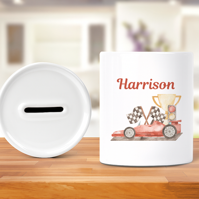 Personalised Money Bank Boys Racing Car, Kids Money Box Customised Gift Baby Child