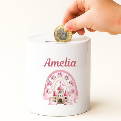 Personalised Money Bank Girls Unicorn Castle, Kids Money Box Customised Gift Baby Child Birthday