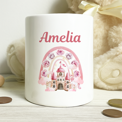 Personalised Money Bank Girls Unicorn Castle, Kids Money Box Customised Gift Baby Child Birthday