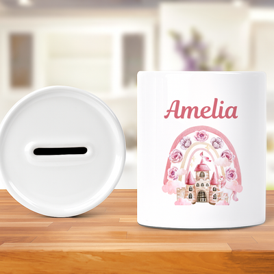 Personalised Money Bank Girls Unicorn Castle, Kids Money Box Customised Gift Baby Child Birthday