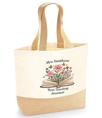 Personalised Teacher Shopping Tote Bag – Custom Gift for Teacher, End of Term Thank You Present, Flower Design, Unique Tutor, Pupil Gift, Year Leaving, Teaching Assistant Appreciation
