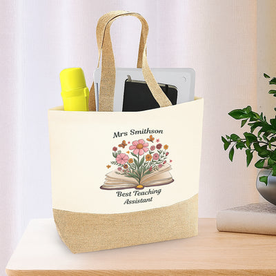 Personalised Teacher Shopping Tote Bag – Custom Gift for Teacher, End of Term Thank You Present, Flower Design, Unique Tutor, Pupil Gift, Year Leaving, Teaching Assistant Appreciation