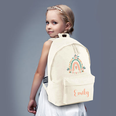 Personalised Backpack For Girls Personalised Rucksack Bag Pack Kids Personalised School Bag Nursery Bags Childrens Baby Toddler Rainbow Design Boho Cream Teenage Older Younger Adults Large 42cm - Hoolaroo