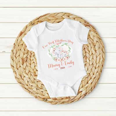 Personalised BabyGrow 1st Mothers Day Together Baby Elephants + Mummy Design Newborn, 0-12 Months Vest - Hoolaroo