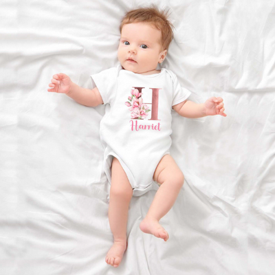 Personalised Baby Grow 0-3 Months Pink Floral Letter Name Newborn Gift Baby Shower Bodysuit Present Bib Girl Baby Vest - Hoolaroo