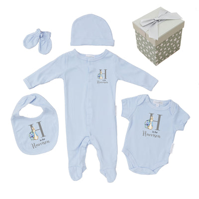 Blue Personalised Newborn Baby Boy 5-Piece Gift Set - Grey Bunny Design, Includes Sleepsuit, Bodyvest, Bib, Hat, Mittens in Cube Gift Box - Hoolaroo