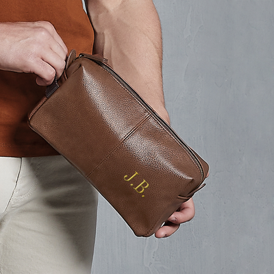 Personalised Embroidered Mens Faux Leather Wash Bag with Strap Brown - Mens Vegan Leather Toilet Bag Embroidered with Gold Initials Travel Gift Dad Fathers Day - Hoolaroo