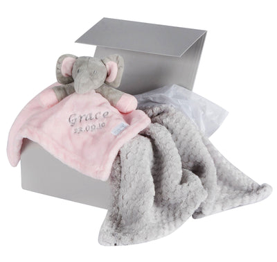 Personalised Embroidered Baby Pink Elephant Silver Blanket Gift Set - Hoolaroo