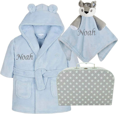 Personalised New Baby Gift Set for Boys - Hoolaroo Blue Baby Dressing Gown, Deer Comforter & Suitcase - Hoolaroo