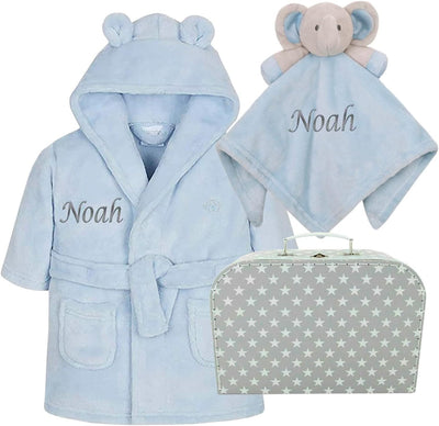 Personalised New Baby Gift Set for Boys - Hoolaroo Blue Baby Dressing Gown, Elephant Comforter & Suitcase - Hoolaroo