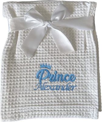 Personalised Baby Blanket Gift for New Baby Boy - Prince with Name - Blue White Waffle Wrap 100% Cotton Newborn Present - Hoolaroo - Hoolaroo