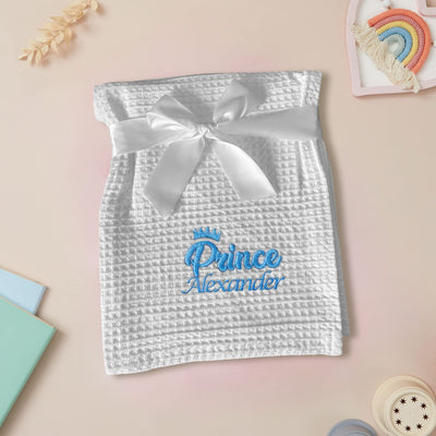 Personalised Baby Blanket Gift for New Baby Boy - Prince with Name - Blue White Waffle Wrap 100% Cotton Newborn Present - Hoolaroo - Hoolaroo
