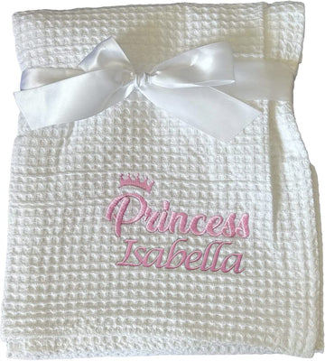 Personalised Baby Blanket Gift for New Baby Girl - Princess Design, Pink & White Waffle Wrap, 100% Cotton Newborn Present with Name - Hoolaroo