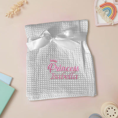Personalised Baby Blanket Gift for New Baby Girl - Princess Design, Pink & White Waffle Wrap, 100% Cotton Newborn Present with Name - Hoolaroo