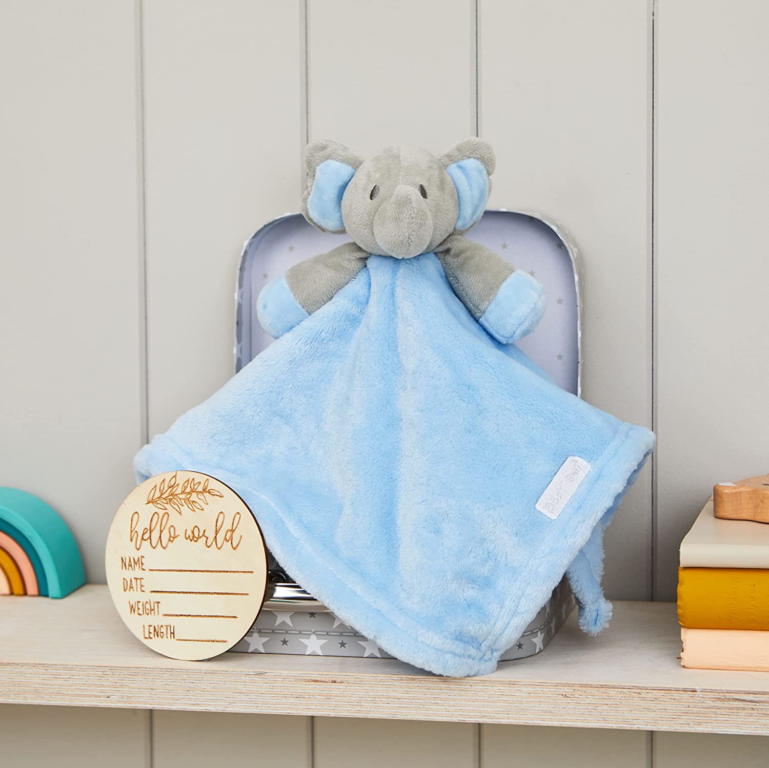 Hoolaroo Personalised Baby Boy Gift New Born Baby Comforter Blue In Suitcase Gift Box With Wooden Milestone Card Newborn Present First Soft Toy Unique
