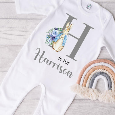 Personalised Sleepsuit Baby Boy Grey Letter Bunny Rabbit Rompersuit Printed Name Gift Present for Newborn New Baby Outfit Clothing - Hoolaroo