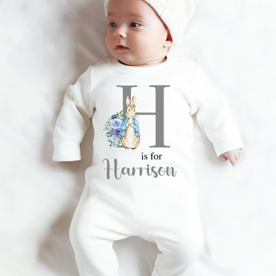 Personalised Sleepsuit Baby Boy Grey Letter Bunny Rabbit Rompersuit Printed Name Gift Present for Newborn New Baby Outfit Clothing - Hoolaroo