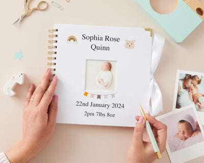 Personalised Linen Baby Scrapbook Album With Photo Newborn Boy Girl Gift Custom Memory Book - Hoolaroo
