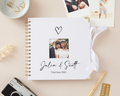 Personalised Linen Wedding Scrapbook Album - Custom Couples Gift Guest Book - Engagement Present Love Heart Design - 22cm Photo Window Cover - Hoolaroo