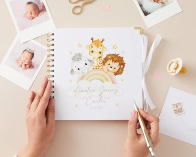 Personalised Jungle Animals Baby Scrapbook - 22cm Square Photo Album Custom Present for New Baby Girl or Boy - Hoolaroo