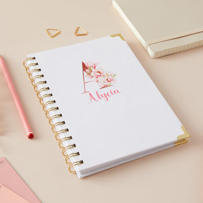 Personalised Rose Gold Floral Initial Notebook - Custom Name Hardback Notepad, Women's Stationary Gift, 15cm x 21cm Linen Present - Hoolaroo