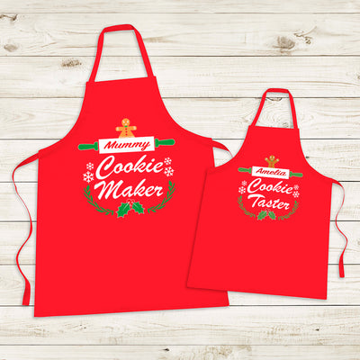 Personalised Mummy and Me Apron Set, Christmas Cookie Maker Design Child and Adult Baking Cookies for Santa Xmas Eve - Hoolaroo