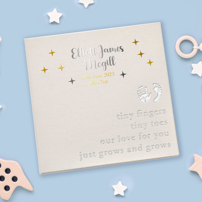 Personalised Ink Pad Journal Baby Record Book 1st Year Newborn Footprint and Handprint Milestone Record Book - White Silver Gold Keepsake Gift Album - Hoolaroo