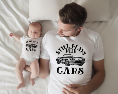 Celebrate Your First Father's Day with Matching Dad and Baby T-shirts and Vest - Play With Cars Design - Perfect 1st Father's Day Gift for the New Dad - Hoolaroo