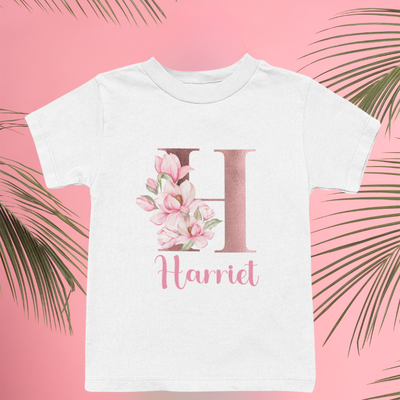 Personalised Floral Rose Gold Kids T-Shirt, Kids Custom Name Top, Girls Personalised Children's T-Shirt, Customised Kid's Tee, Birthday Top - Hoolaroo
