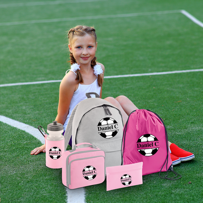 Personalised Girls Football Design Back to School Set, Custom Name BackPack for Kids, Water Bottle, PE, Gym Bag Box for Girls , Large Capacity Insulated Lunch Bag, Pencil Case Name Pink Grey - Hoolaroo