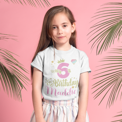 Personalised Birthday T-Shirt for Girls Pink Princess Top 1st 2nd 3rd 4th 5th 6th 7th 8th 9th 10th 11th 12th Party Outfit - Hoolaroo