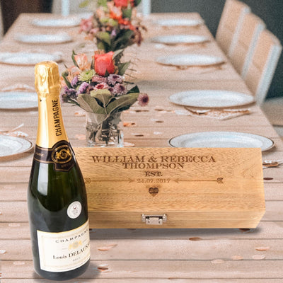 Personalised Engraved Oak Style Wooden Wine Gift Box Wedding Valentines Lined - Hoolaroo
