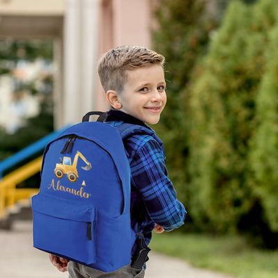 Personalised Blue Nursery Backpack with Construction Digger Design, Pre School Boys Children - Hoolaroo