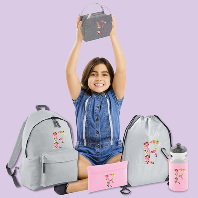 Personalised Girls FLORAL LETTER INITIAL Design Back to School Set with BackPack, Water Bottle, PE, Gym Bag Box, Insulated Lunch Bag and Pencil Case - Pink, Grey - Hoolaroo