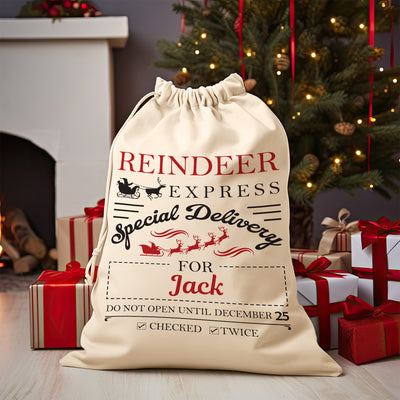 Personalised Christmas Reindeer Express Xmas Large Drawstring Santa Sack