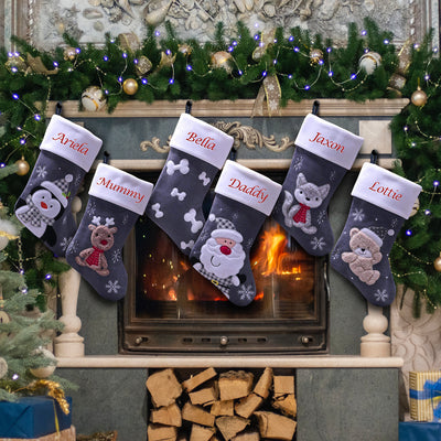 Personalised Christmas Stockings Luxury Dark Silver Embroidered Kids & Family - Hoolaroo