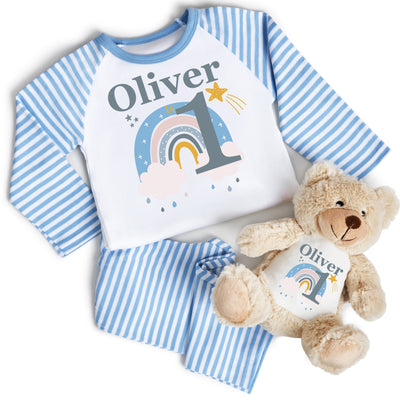 Personalised Birthday Gift, Blue Pyjamas + Teddy Bear Gift Set Present For Boy Age 1 2 3 4 5